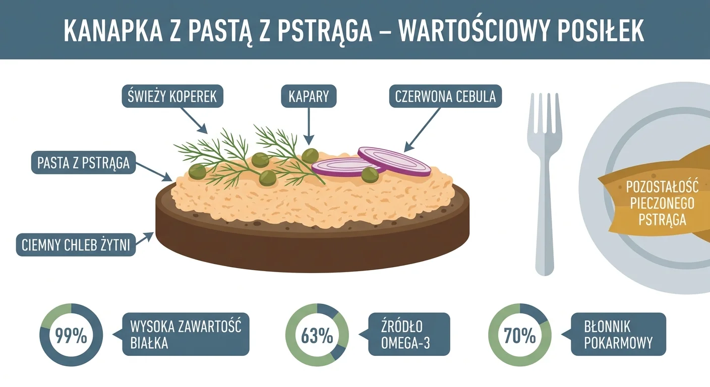 Pięknie zaaranżowana kanapka na ciemnym chlebie żytnim, obficie posmarowana pastą z pstrąga. Na wierzchu widoczne są świeże gałązki koperku, kilka kaparów i cienkie plasterki czerwonej cebuli. Obok kanapki leży widelec i resztka pieczonego pstrąga na talerzu.