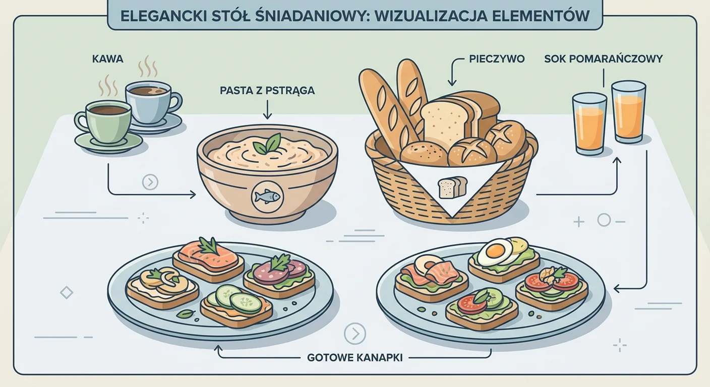 Elegancko zastawiony stół śniadaniowy. W centrum znajduje się ceramiczna miseczka wypełniona pastą z pstrąga, obok niej koszyk z różnymi rodzajami pieczywa. Na talerzach widać gotowe kanapki, a w tle filiżanki z kawą i szklanki z sokiem pomarańczowym.