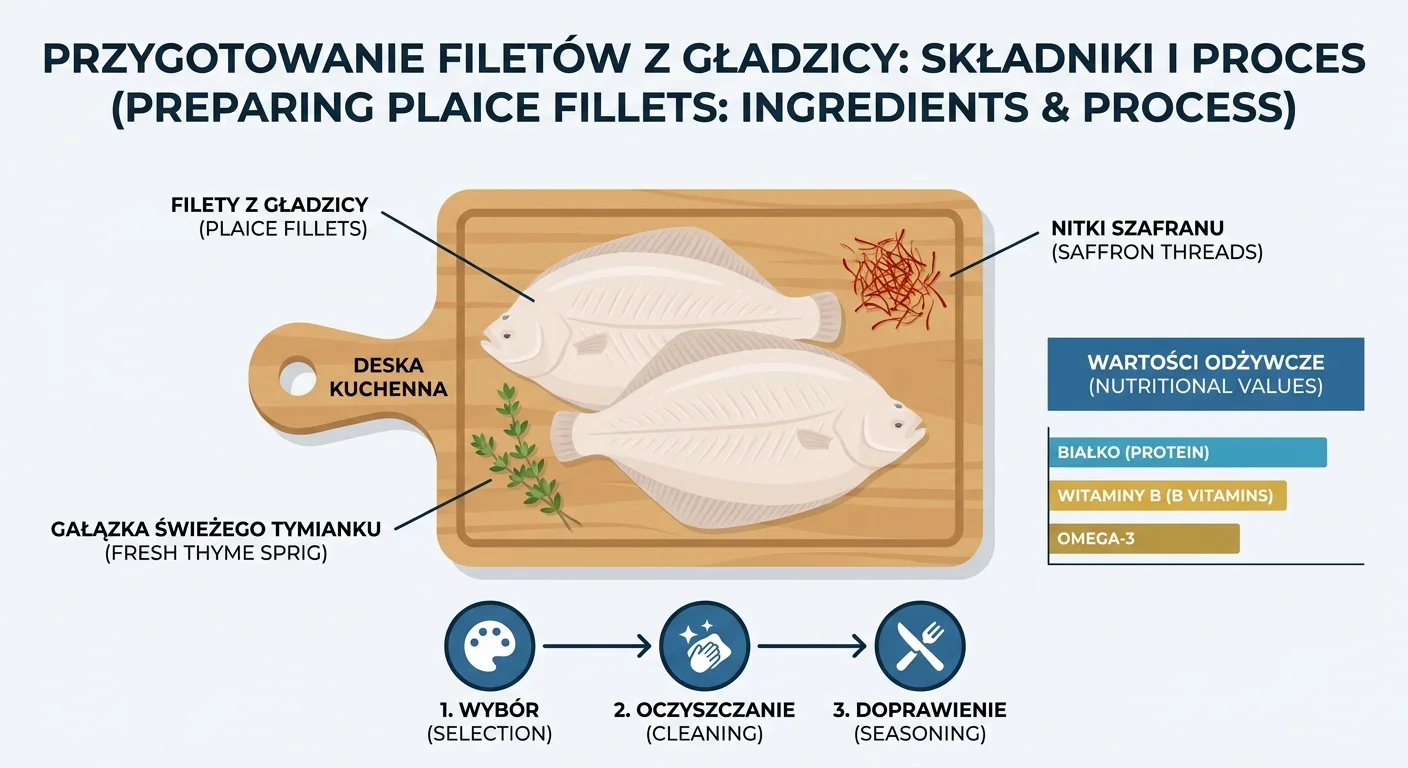 Piękne, świeże i idealnie przygotowane filety z gładzicy leżące na desce kuchennej obok kilku nitek szafranu i gałązki świeżego tymianku.