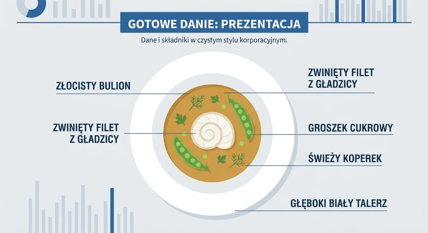 Gotowe danie na eleganckim, głębokim białym talerzu. Złocisty bulion otacza delikatny, zwinięty filet z gładzicy, obok którego znajdują się jasnozielone strączki groszku cukrowego. Całość posypana jest świeżym koperkiem.