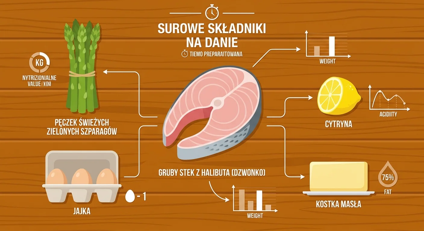 Pięknie zaaranżowane, surowe składniki na danie: gruby stek z halibuta (dzwonko), pęczek świeżych zielonych szparagów, jajka, cytryna i kostka masła, wszystko na rustykalnym, drewnianym stole.
