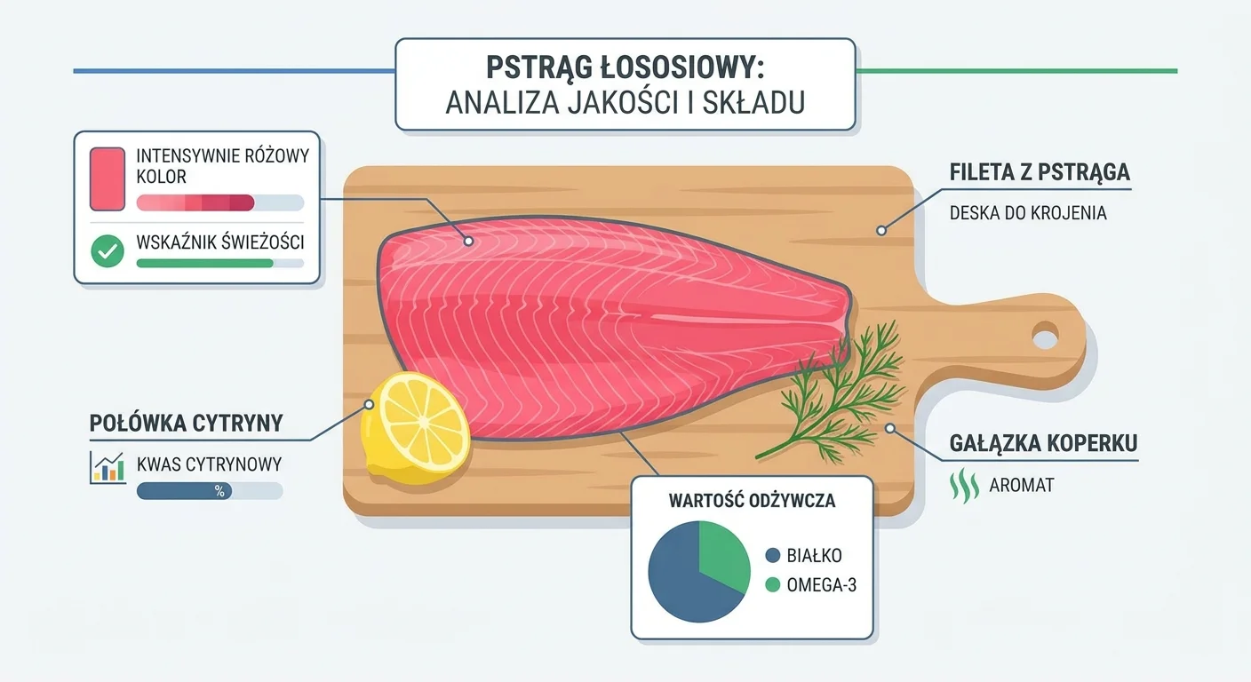 Piękny, świeży filet z pstrąga łososiowego o intensywnie różowym kolorze, leżący na desce do krojenia obok połówki cytryny i gałązki świeżego koperku.