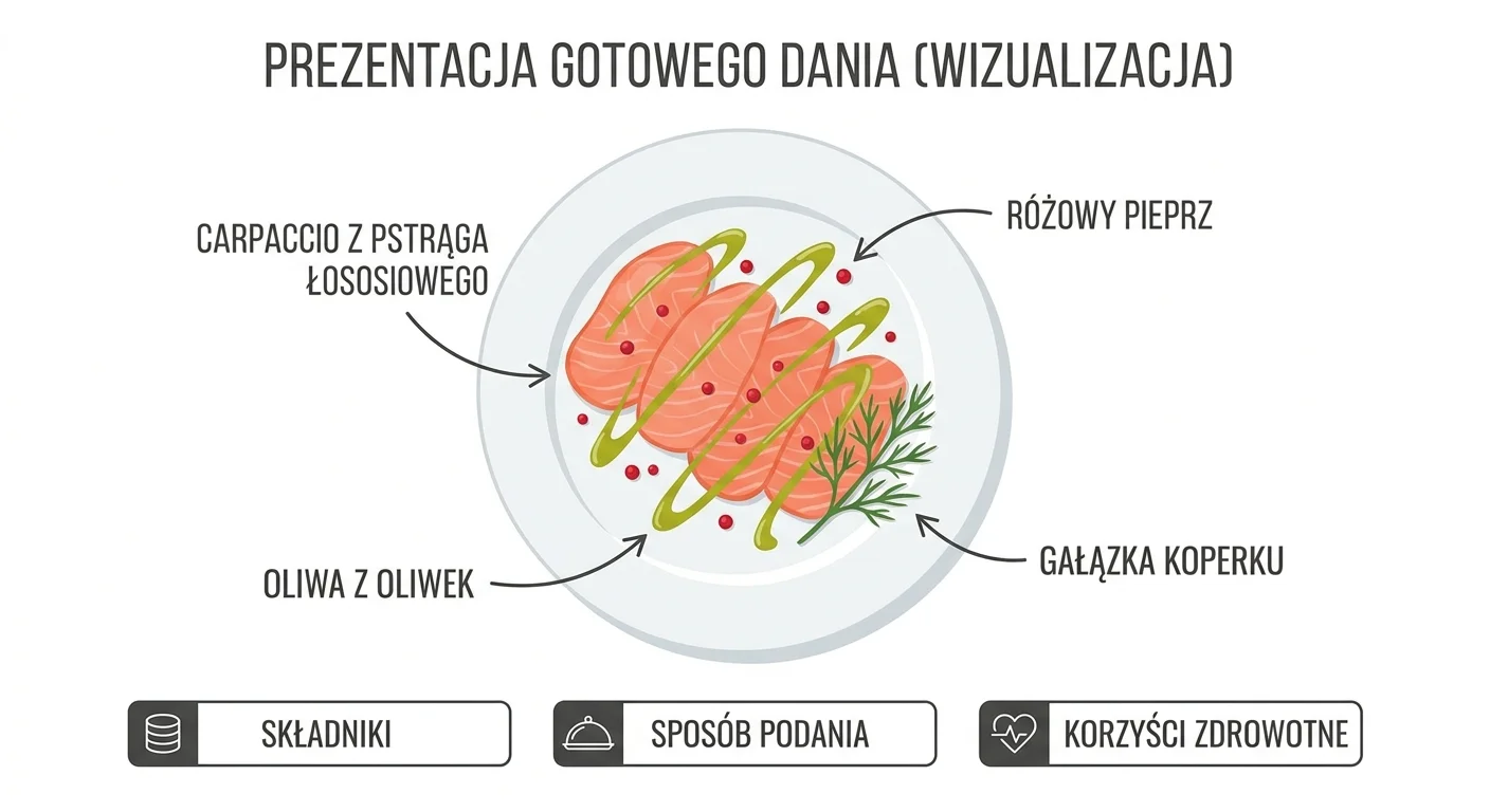 Gotowe danie - elegancko ułożone na białym, okrągłym talerzu cienkie plastry carpaccio z pstrąga łososiowego, polane oliwą, posypane różowym pieprzem i udekorowane gałązką koperku.