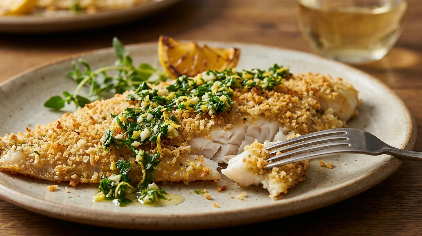 Złocisty filet z soli lemon w chrupiącej panierce panko i parmezanu, z gremolatą, na talerzu z widelcem.