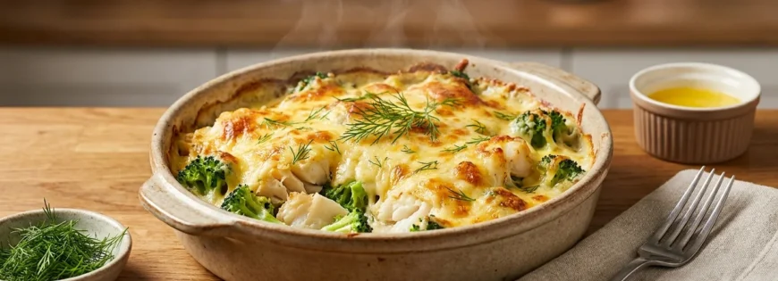 Gorąca keto zapiekanka rybna z dorszem, brokułami i stopionym serem w naczyniu ceramicznym, posypana koperkiem.