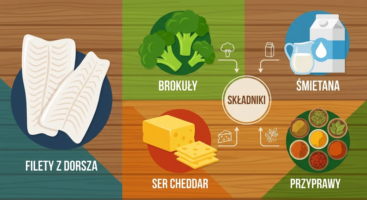 A vibrant, top-down shot of the raw ingredients beautifully arranged: fresh cod fillets, bright green broccoli florets, a block of cheddar cheese, cream, and spices on a rustic wooden board.