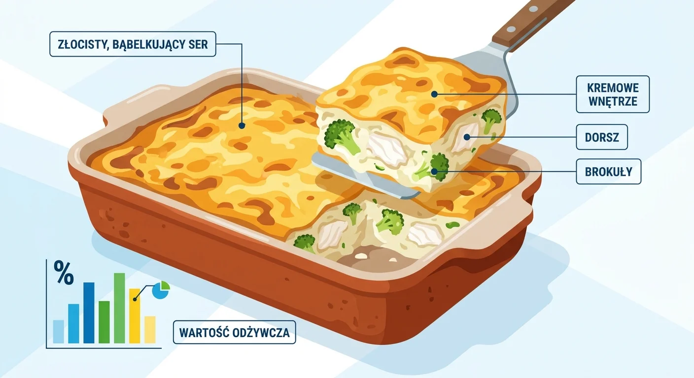 A close-up, slightly angled shot of the finished casserole in a rustic baking dish. The cheese is golden and bubbly, with a piece lifted out on a spatula, showing the creamy interior with flaky cod and green broccoli.