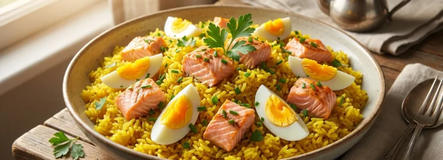 Miska kedgeree z żółtym ryżem, pstrągiem łososiowym, jajkami i pietruszką na drewnianym stole w świetle poranka.