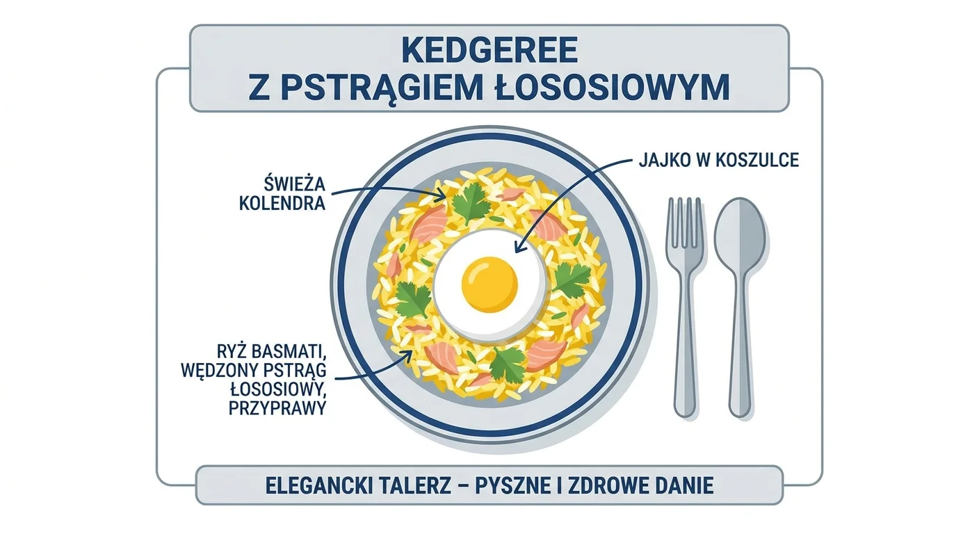 Zdjęcie pięknie podanego dania Kedgeree z pstrągiem łososiowym na eleganckim talerzu, z jajkiem w koszulce na wierzchu, posypane świeżą kolendrą.
