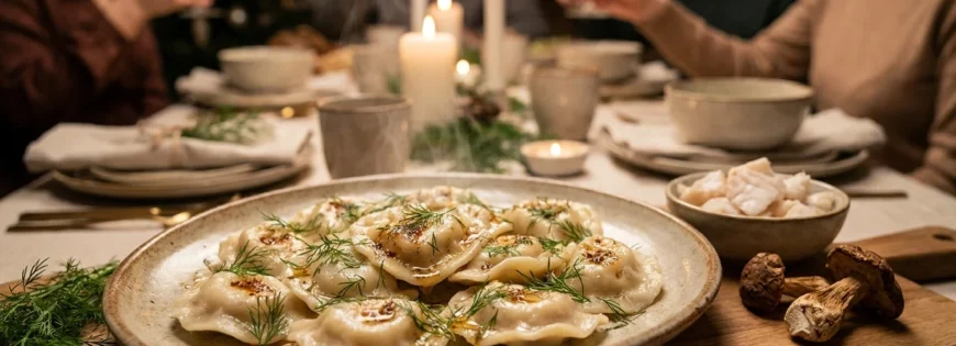 Talerz z pierogami okraszonymi koperkiem na wigilijnym stole, w tle świece i ludzie.