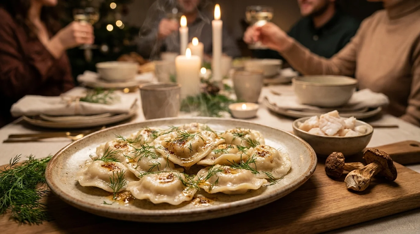 Talerz z pierogami okraszonymi koperkiem na wigilijnym stole, w tle świece i ludzie.