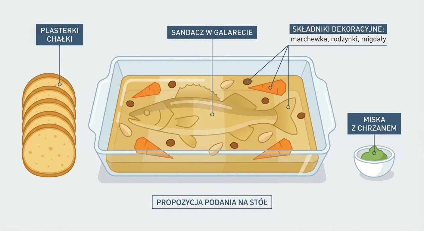 Pięknie zastawiony stół z dużą szklaną formą gotowego sandacza w klarownej, złocistej galarecie, ozdobionego marchewką, rodzynkami i migdałami. Obok leżą plasterki chałki i miseczka z chrzanem.