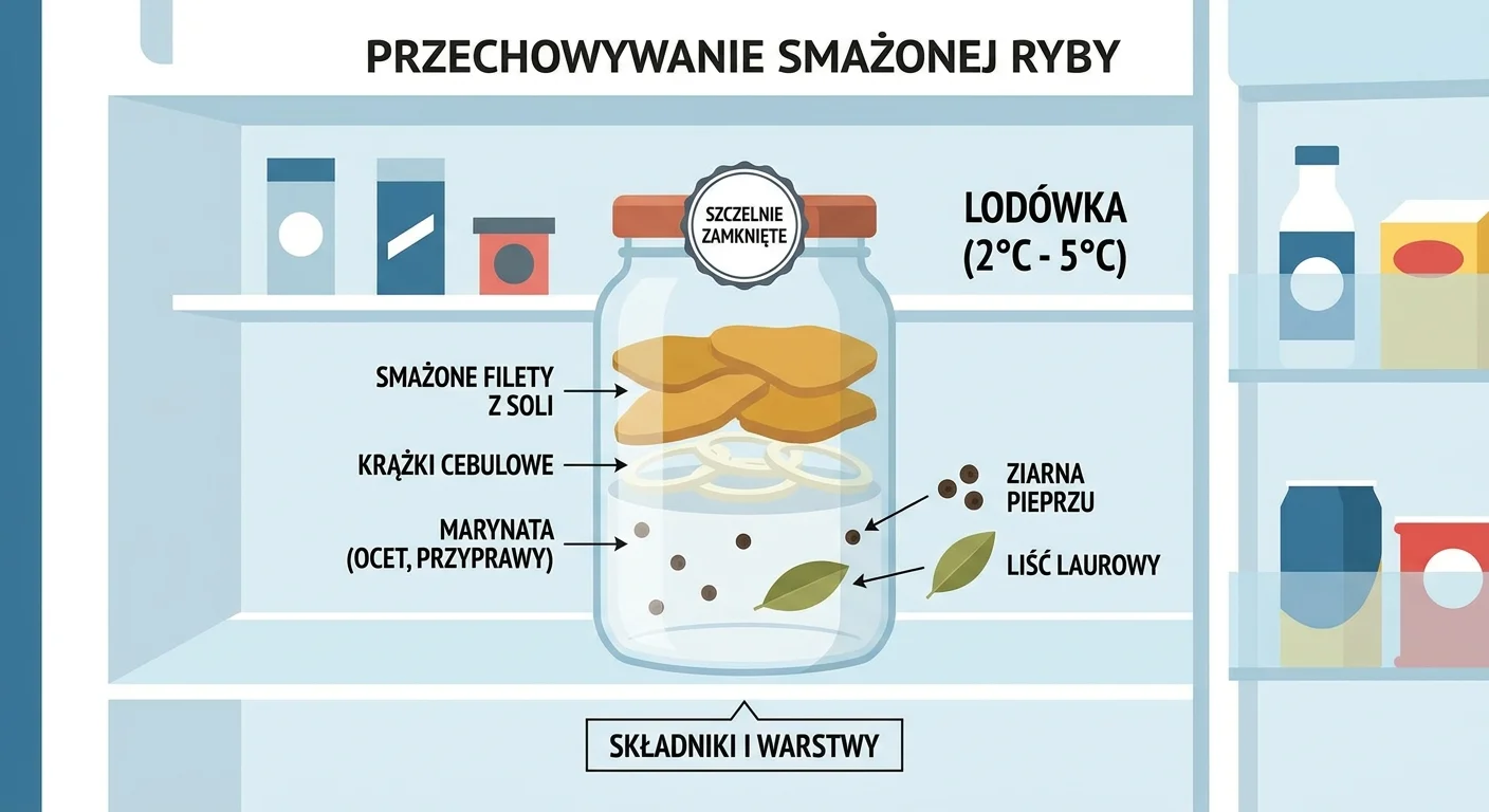 A beautifully arranged glass jar filled with layers of golden fried lemon sole fillets and translucent onion rings, submerged in a clear marinade with visible spices like peppercorns and bay leaves. The jar is sealed and placed in a refrigerator.