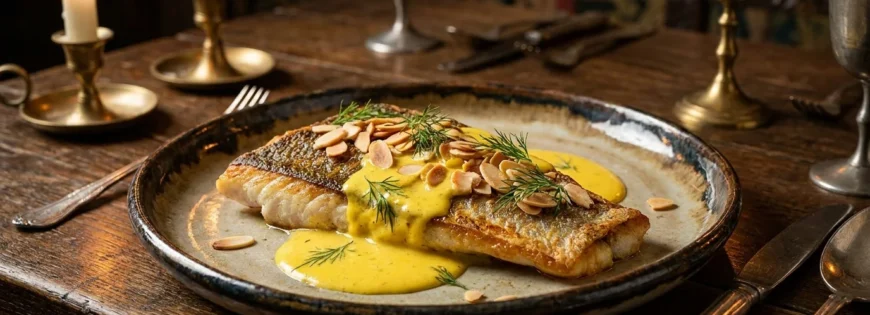 Gotowany filet z sandacza w żółtym sosie szafranowym z płatkami migdałów i koperkiem na rustykalnym talerzu.