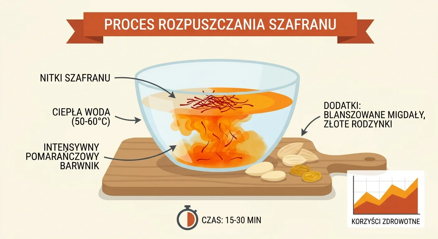 Zbliżenie na nitki szafranu rozpuszczające się w ciepłej wodzie, tworzące intensywnie pomarańczowy kolor. Obok leżą blanszowane migdały i złote rodzynki na drewnianej desce.