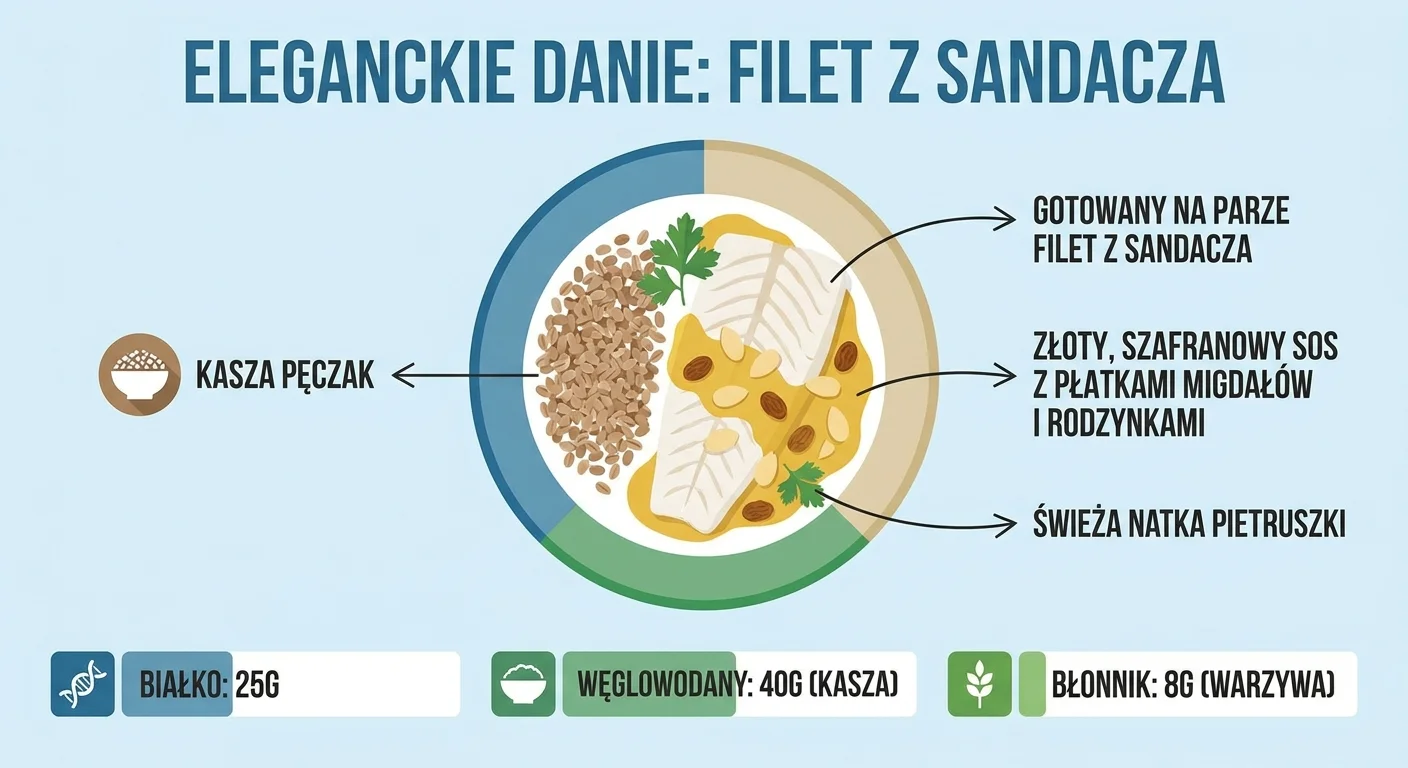 Elegancko podany, gotowany na parze filet z sandacza, polany złotym, szafranowym sosem z widocznymi płatkami migdałów i rodzynkami. Danie udekorowane jest świeżą natką pietruszki, a obok leży kasza pęczak.