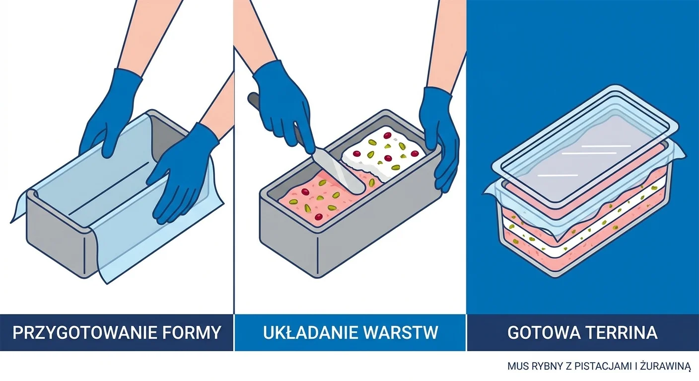 Ręce kucharza układające warstwy różowego i białego musu rybnego w formie do terriny wyłożonej folią spożywczą. Widoczne są kawałki pistacji i żurawiny w masie.