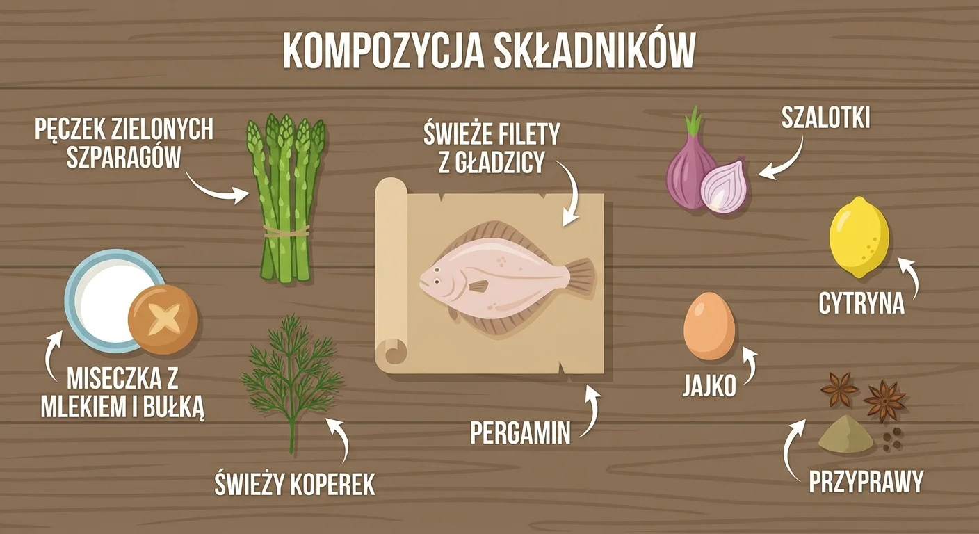 Piękna kompozycja składników na rustykalnym, drewnianym stole: świeże filety z gładzicy na pergaminie, pęczek zielonych szparagów, miseczka z mlekiem i bułką, świeży koperek, szalotki, jajko, cytryna i przyprawy.
