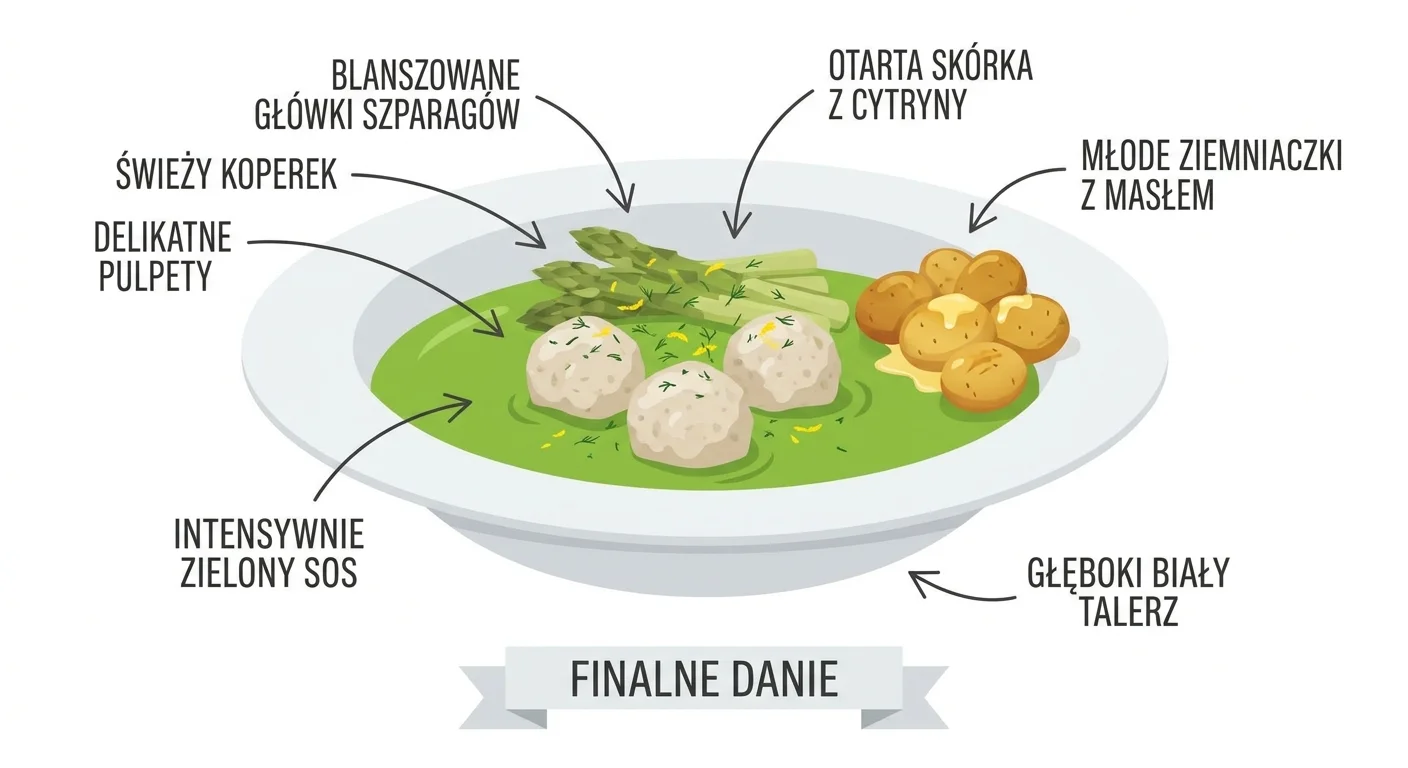 Finalne danie podane w głębokim, białym talerzu. Trzy delikatne pulpety zanurzone w intensywnie zielonym sosie. Na wierzchu ułożone blanszowane główki szparagów, posypane świeżym koperkiem i otartą skórką z cytryny. Obok, na talerzu, leżą młode ziemniaczki z masłem.