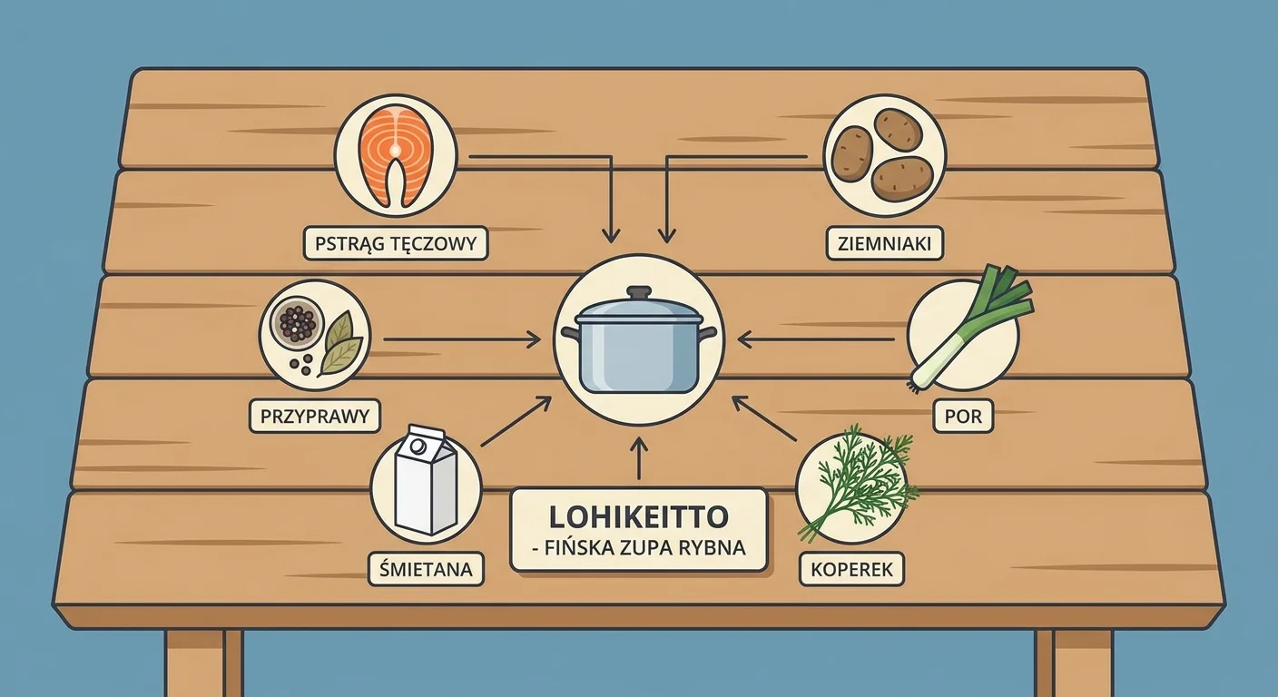 A rustic wooden table with all the fresh ingredients for Lohikeitto beautifully arranged: a fillet of salmon trout, whole potatoes, a fresh leek, a bunch of dill, cream, and spices.