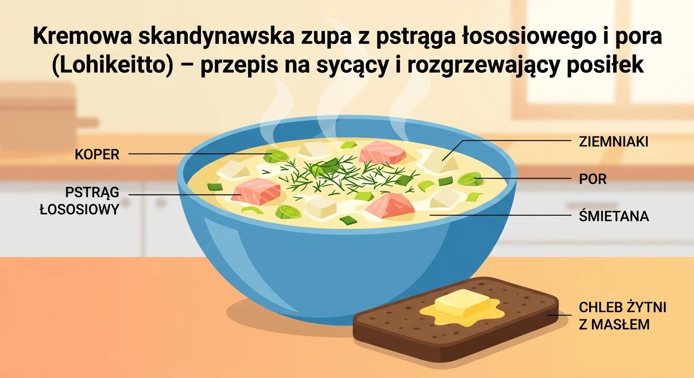 A close-up shot of a steaming bowl of Lohikeitto, garnished with fresh dill. Next to the bowl is a slice of dark rye bread with a pat of butter melting on it. The background is slightly blurred, suggesting a cozy home setting.