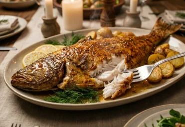 pieczony-halibut-w-calosci-z-ziemniakami-na-stole Cały pieczony halibut z chrupiącą skórką i pieczonymi ziemniakami na dużym półmisku na rustykalnym stole.
