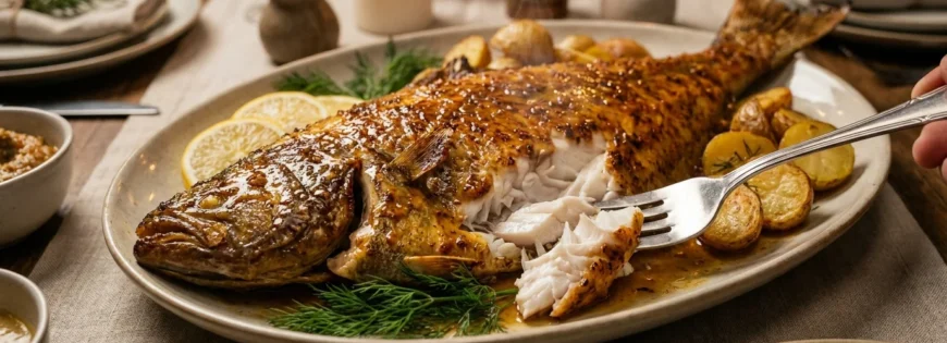 Cały pieczony halibut z chrupiącą skórką i pieczonymi ziemniakami na dużym półmisku na rustykalnym stole.