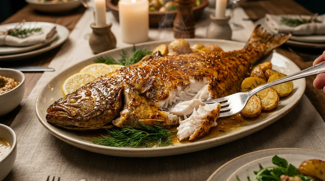 Cały pieczony halibut z chrupiącą skórką i pieczonymi ziemniakami na dużym półmisku na rustykalnym stole.