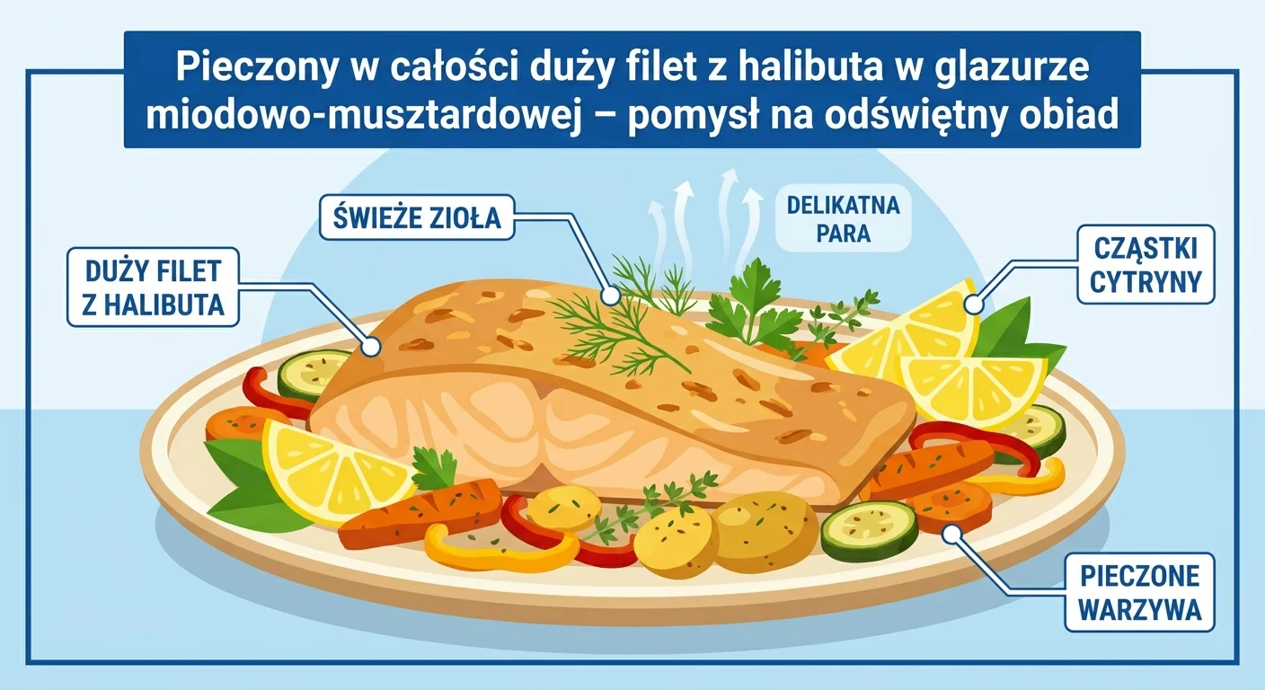 The finished dish: a large, golden-brown baked halibut fillet on a platter, garnished with fresh herbs and lemon wedges, surrounded by roasted vegetables. Steam is gently rising from the fish.