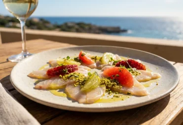 sandacz-crudo-z-cytrusami-i-pistacjami-nad-morzem Talerz z sandaczem crudo, plastrami cytrusów i pistacjami na drewnianym stole na tarasie z widokiem na morze.