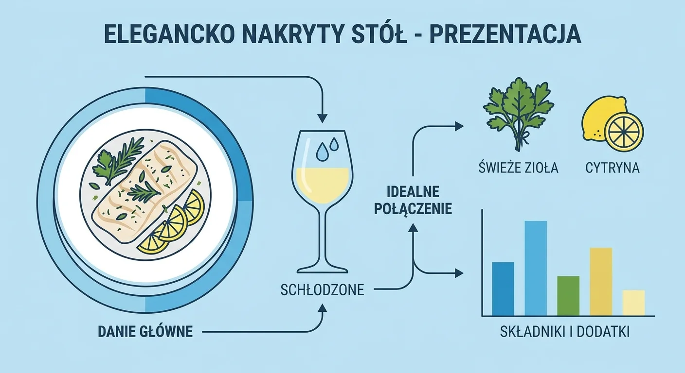 Infografika przedstawiająca danie z rybą, kieliszek schłodzonego białego wina, zioła i cytrynę.