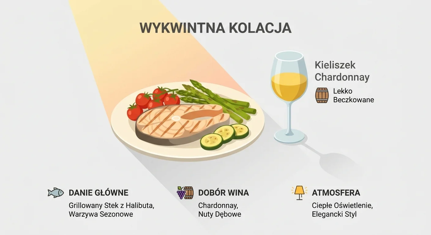 Grafika: grillowany stek z halibuta z warzywami oraz kieliszek wina Chardonnay na wykwintną kolację.